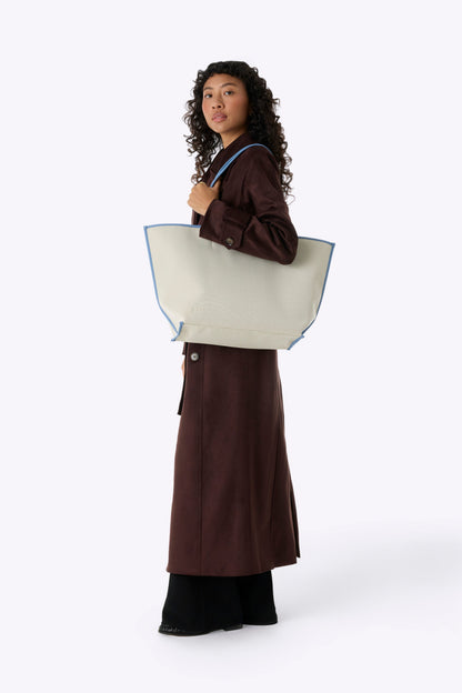 The Canvas and Leather Tote in Dusty Blue